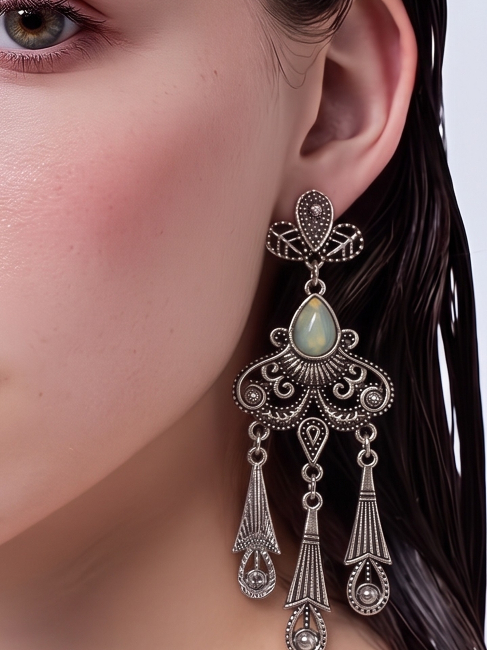 paparazzi Silver-Tone Filigree Chandelier Earrings with Pale Green Accent
